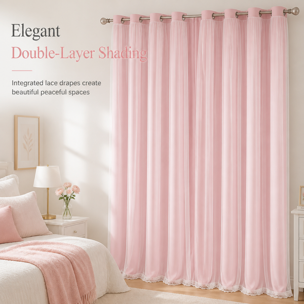 Double Layer Blackout Curtain with Sheer Overlay Grommet Top Window Panel for Bedroom and Kids Room
