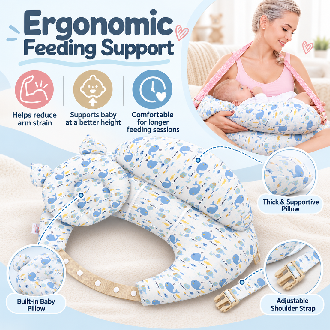 Hands-Free Feeding Cushion with Adjustable Strap & Baby Pillow
