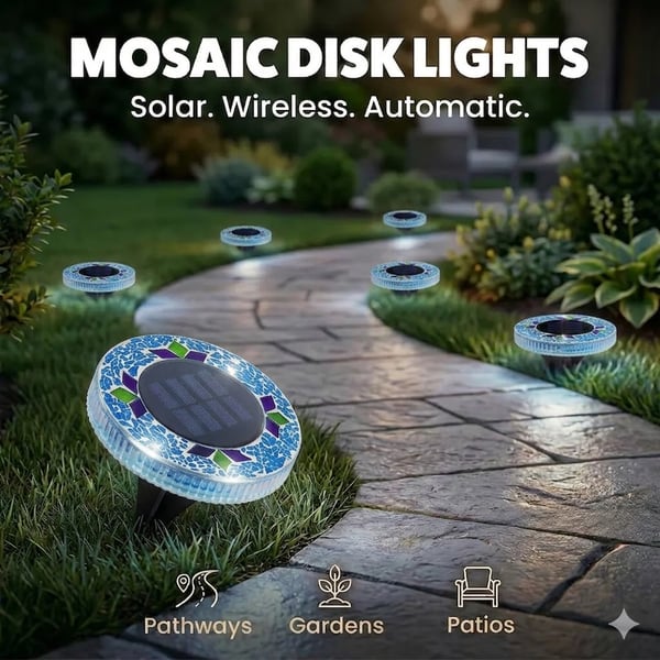 Mosaic Solar Disk Lights, Waterproof LED Outdoor In‑Ground Tabletop Lighting