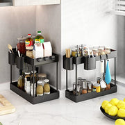 2 Pack Under Sink Organizer- 2 Stackable Rack Organizer Tier Bathroom Under the Sink Organizers Multi-Usage Kitchen Cabinet Organizers and Storage Bath Shelf Baskets w 4 Hanging Cup and 5 Hooks, Black thumbnail 7