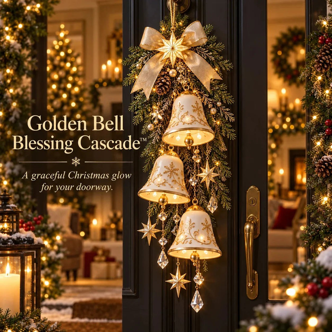 Golden Bell Blessing Cascade™ | Lighted Christmas Door Decor
