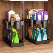2 Pack Under Sink Organizer- 2 Stackable Rack Organizer Tier Bathroom Under the Sink Organizers Multi-Usage Kitchen Cabinet Organizers and Storage Bath Shelf Baskets w 4 Hanging Cup and 5 Hooks, Black thumbnail 3