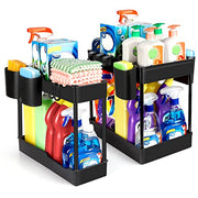 2 Pack Under Sink Organizer- 2 Stackable Rack Organizer Tier Bathroom Under the Sink Organizers Multi-Usage Kitchen Cabinet Organizers and Storage Bath Shelf Baskets w 4 Hanging Cup and 5 Hooks, Black thumbnail 1