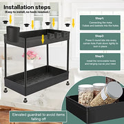 2 Pack Under Sink Organizer- 2 Stackable Rack Organizer Tier Bathroom Under the Sink Organizers Multi-Usage Kitchen Cabinet Organizers and Storage Bath Shelf Baskets w 4 Hanging Cup and 5 Hooks, Black thumbnail 2