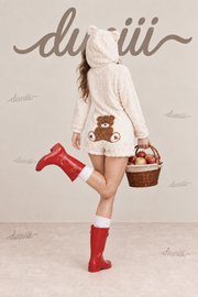 Women's Cute Teddy Bear Embroidered Hooded Fleece Sweatshirt, Casual Comfortable Fashion Design, Perfect Gift for Her, Daily Wear thumbnail 1