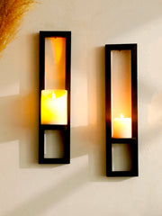 Black Wooden Wall Mounted Candle Holders Rustic Display Stands Decorative Sconces Shelves for Living Room, Bedroom & Home Decor thumbnail 2