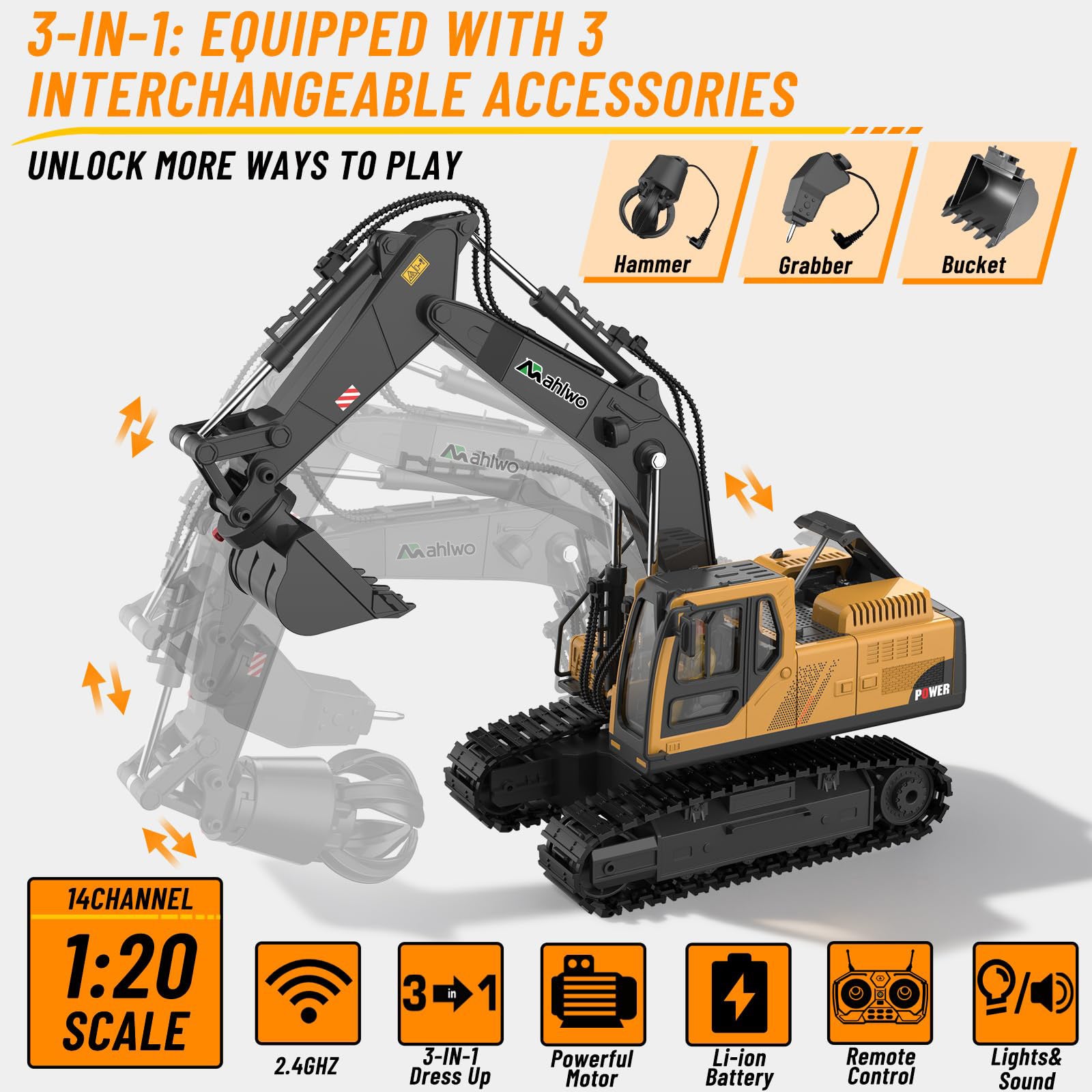 Father's Day Special: 3 in 1 Remote Control Excavator Toy with Metal Bucket/Claw/Drill