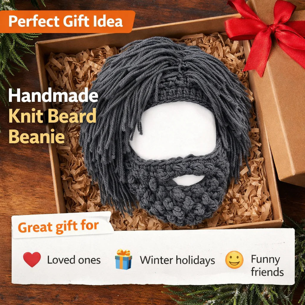 Handmade Punk Style Beanie with Attached Straight Hair Wig and Knitted Beard – Funny Winter Hat with Hair & Beard for Men | 🎁Free Shipping on Orders Over $50