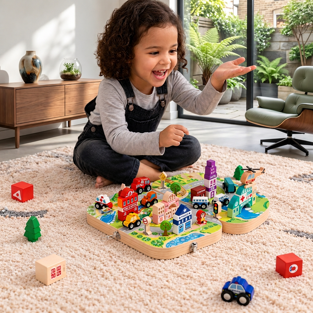 Wooden City Building Blocks & Train Track Travel Set