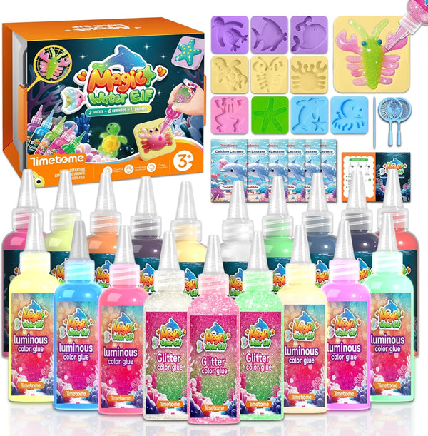 Timetome DIY Squishy Maker Kit for Kids Ages 3+ | Magic Water Elf Gel Toy Set with 20 Gels & 10 Molds, Glitter Glow Sensory Craft Activity for Creative Play